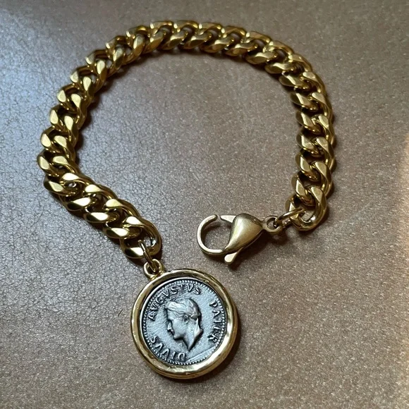 Gold plated curb chain coin Roman Augustus gold silver plated charm bracelet